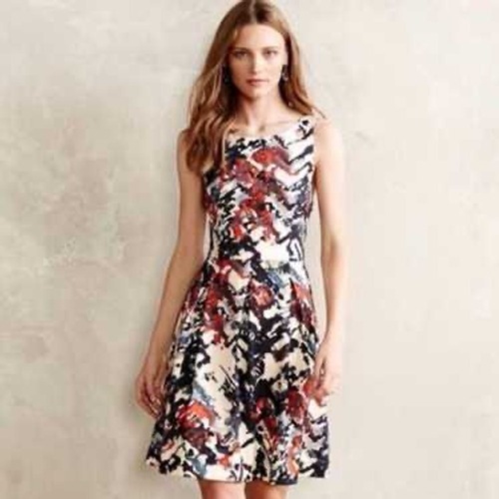 Maeve Anthropologie Abstract Brushstroke Fit & Flare Dress Multicolor Small